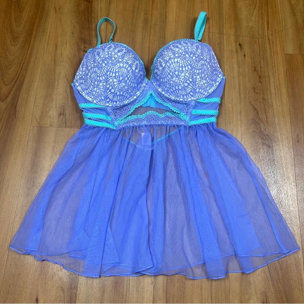 Victoria's Secret Babydoll 36D Lavender Aqua‎ Lace Mesh Lingerie Sleepwear